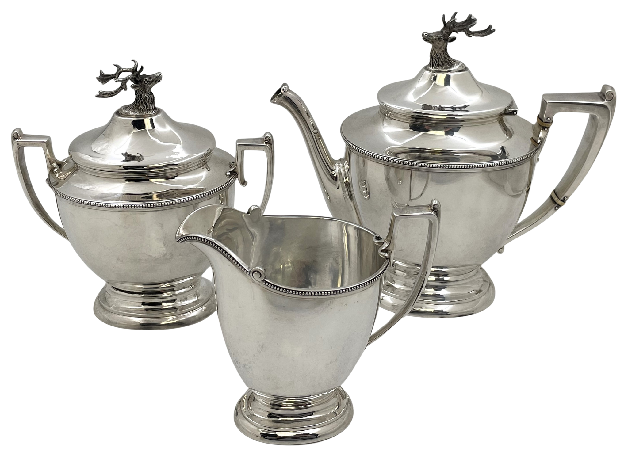 Shreve, Stanwood & Co. Sterling Silver 3-Piece Tea Set Circa 1860s with Stag Deer Motifs