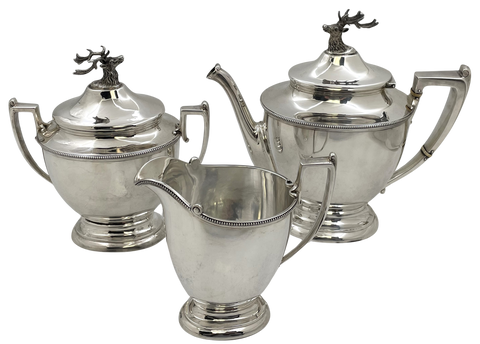 Shreve, Stanwood & Co. Sterling Silver 3-Piece Tea Set Circa 1860s with Stag Deer Motifs