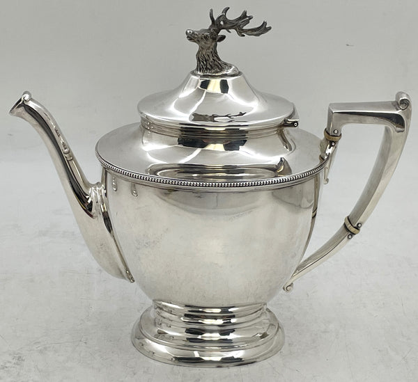 Shreve, Stanwood & Co. Sterling Silver 3-Piece Tea Set Circa 1860s with Stag Deer Motifs