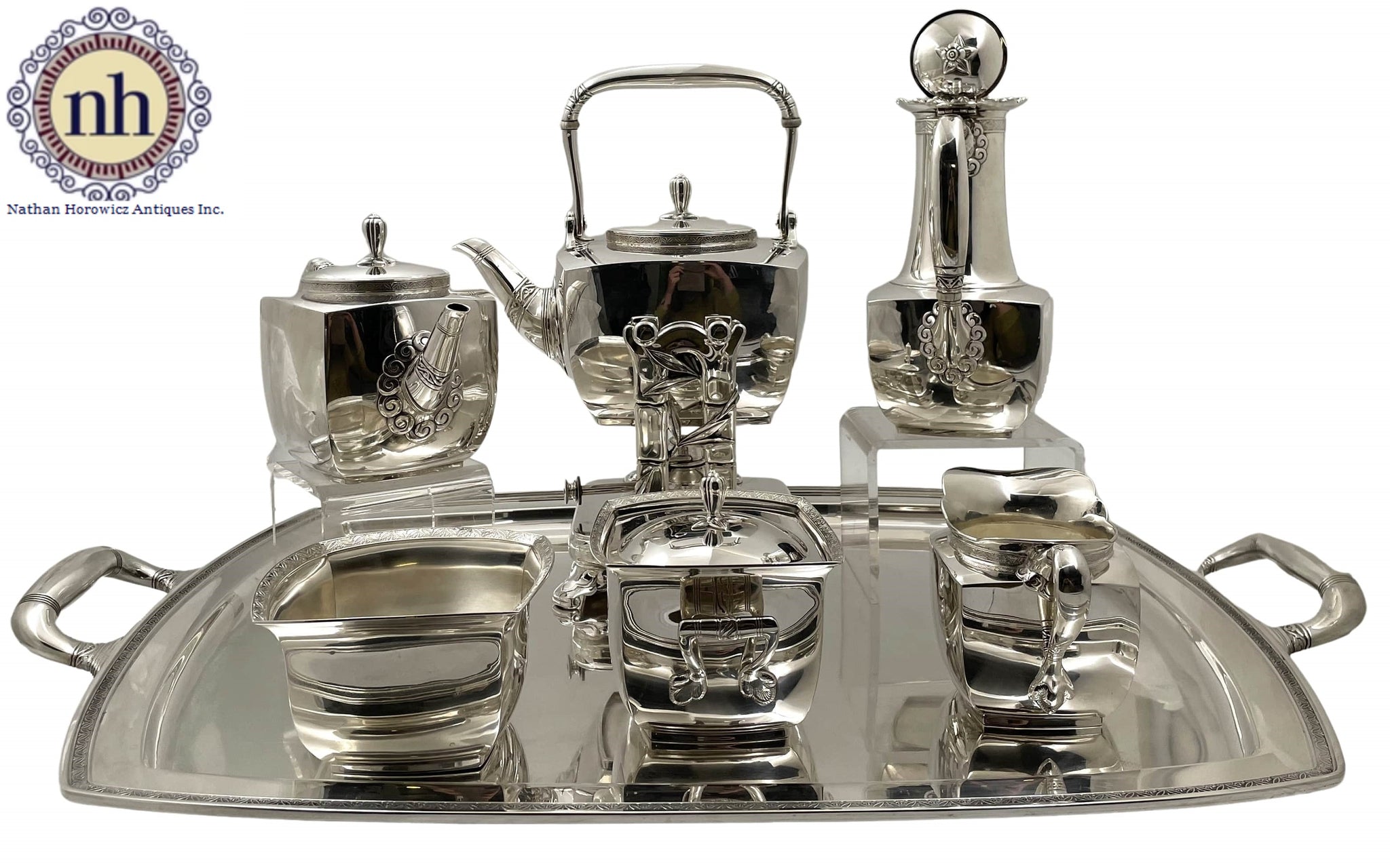 Tiffany & Co. Sterling Silver 1877 Tea & Coffee Set in Japonesque Pattern on Tray