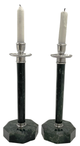 Pair of Yamanaka Rare Spanish Jade and Sterling Silver Candlesticks
