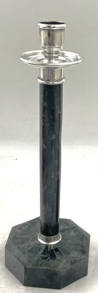 Pair of Yamanaka Rare Spanish Jade and Sterling Silver Candlesticks