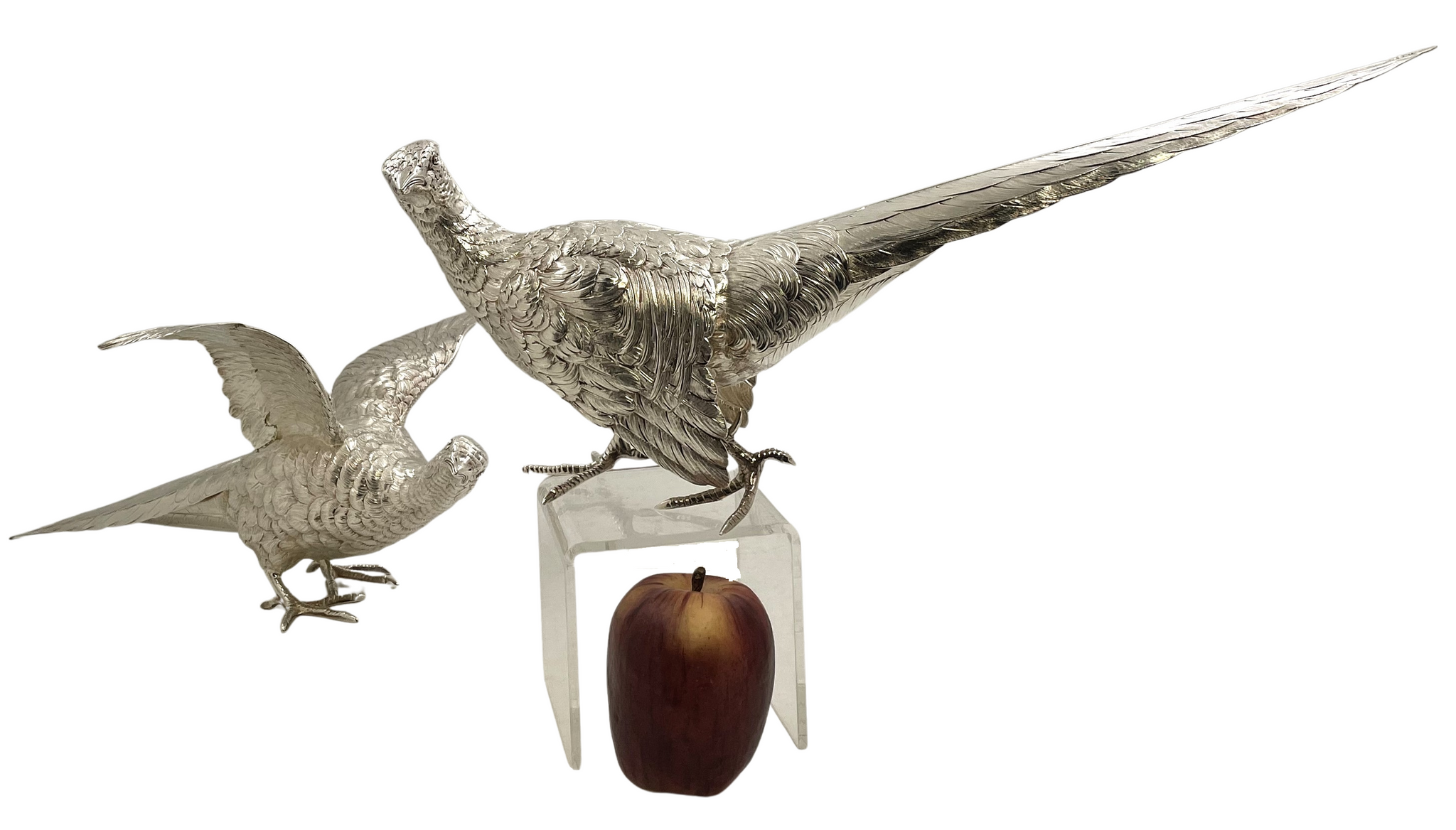 Pair of Continental Silver Pheasants from 19th or Early 20th Century