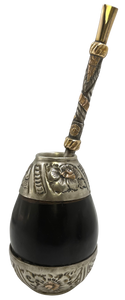 Argentinian Silver and 18K Gold Inlaid Mate Cup with Straw
