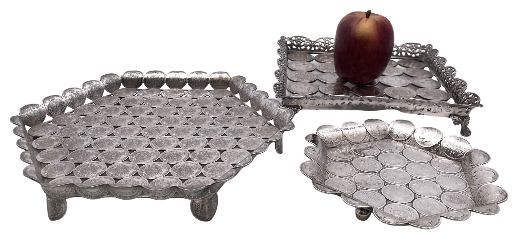 Rare Brazilian Set of 3 Silver Footed Trays Made of 19th and 20th Century Coins