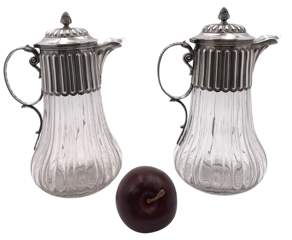 Pair of French Sterling Silver and Cut Glass Carafes/ Pitchers from Late 19th Century