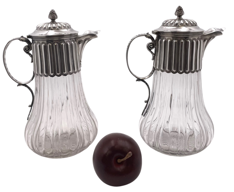 Pair of French Sterling Silver and Cut Glass Carafes/ Pitchers from Late 19th Century