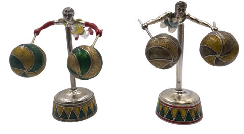 Tiffany & Co. Sterling Silver and Enamel Set of 2 Acrobatic Circus Figurines on Plinths by Gene Moore