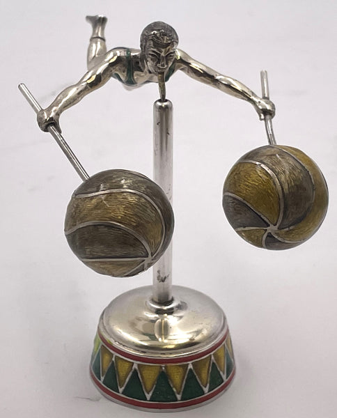 Tiffany & Co. Sterling Silver and Enamel Set of 2 Acrobatic Circus Figurines on Plinths by Gene Moore