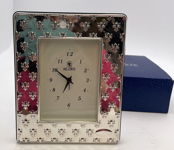 Del Conte Sterling Silver Desk Clock with Fleur de Lys Pattern