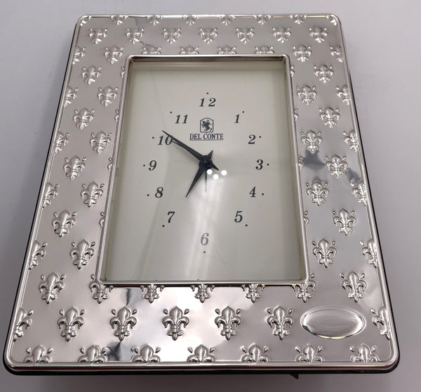 Del Conte Sterling Silver Desk Clock with Fleur de Lys Pattern