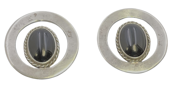 Pair of Mexican Sterling Silver & Black Onyx Earrings in Mid-Century Modern Style