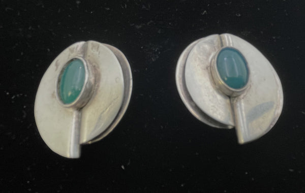 Pair of Mexican Sterling Silver & Green Stone Earrings in Mid-Century Modern Style
