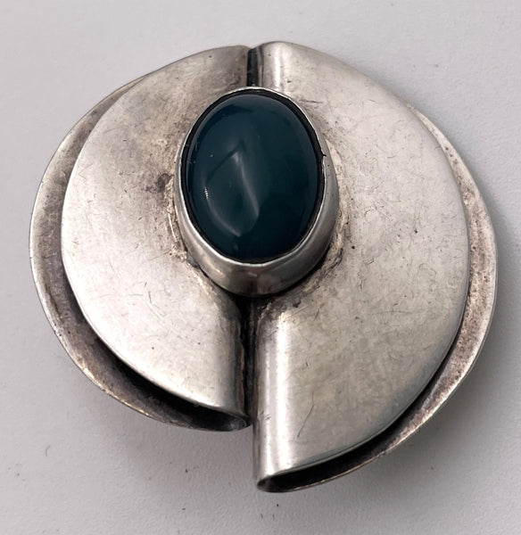 Pair of Mexican Sterling Silver & Green Stone Earrings in Mid-Century Modern Style