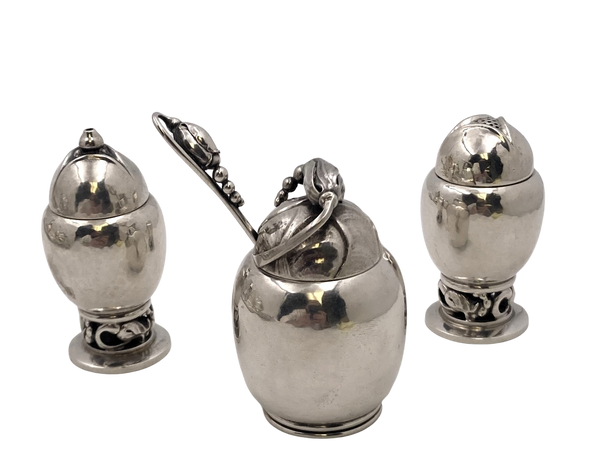 Set of 3 Georg Jensen Sterling Silver Blossom Salt Shakers & Mustard Pot #2A