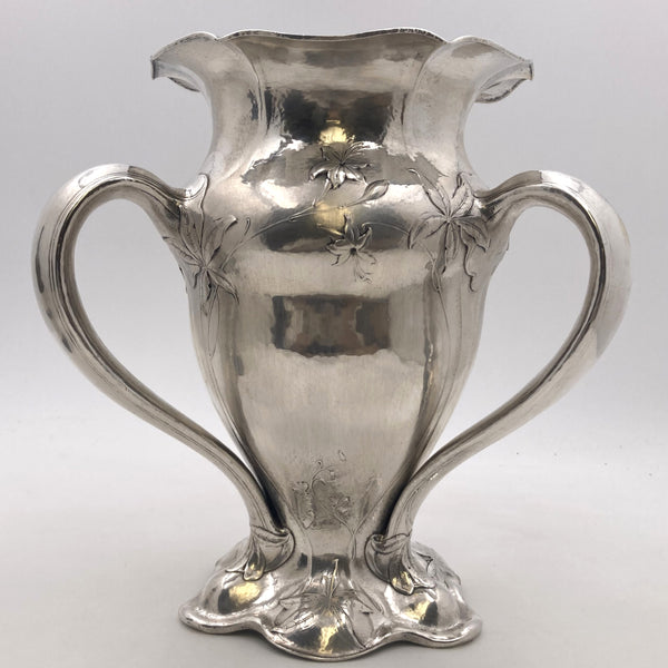 Gorham 0.9584 Silver Martelé Three-Handled Vase in Art Nouveau Style