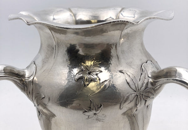 Gorham 0.9584 Silver Martelé Three-Handled Vase in Art Nouveau Style