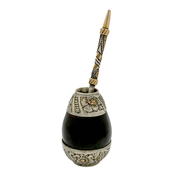 Argentinian Silver and 18K Gold Inlaid Mate Cup with Straw
