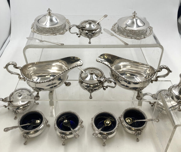 Garrard Sterling Silver Dinner Suite of Salts, Pots, Sauce Boats Kings Pattern