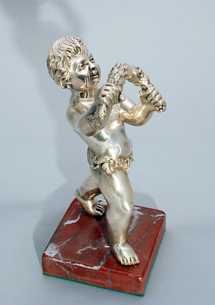 Continental Silver Sculpture of Cherub with Garland of Flowers on Marble Base