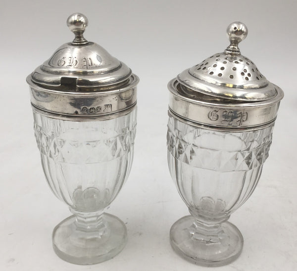 Hennell English 1805 Sterling Silver Georgian Cruet Condiment Set with Shaker, Stand, and Bottles