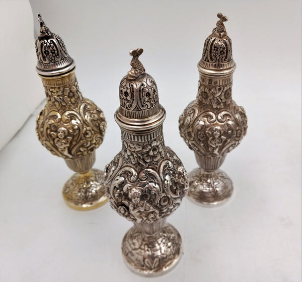 Sterling Silver Hand Chased Cherub Repousse Master Shakers with European Hallmark -- Set of 5
