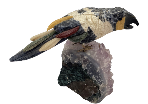 Multicolored Bird Carved Stone Sculpture on Amethyst