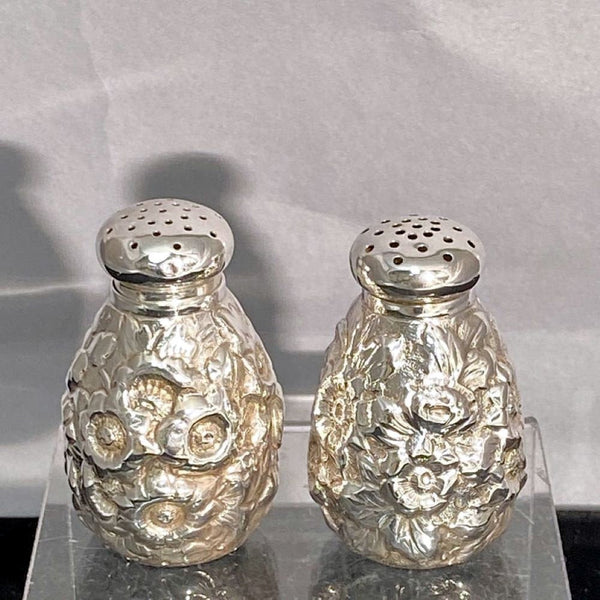 Shiebler Sterling Silver Repoussé Set of 3 Salt, Pepper, and Sugar Shakers from the late 19th Century
